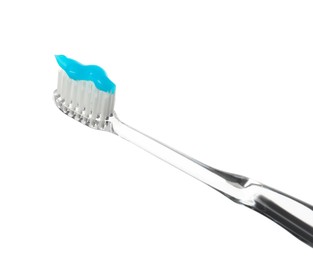 Photo of One toothbrush with toothpaste in air isolated on white