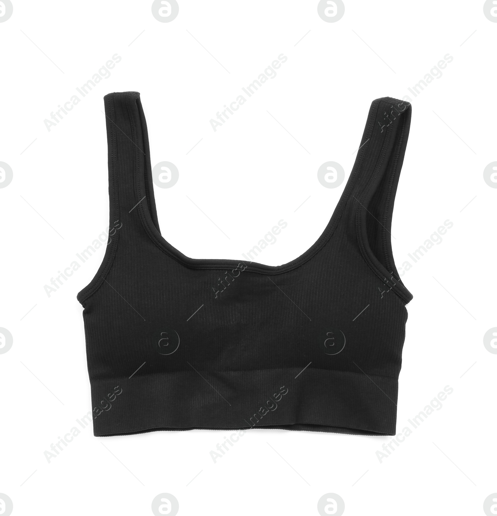 Photo of Black women's sports bra isolated on white, top view