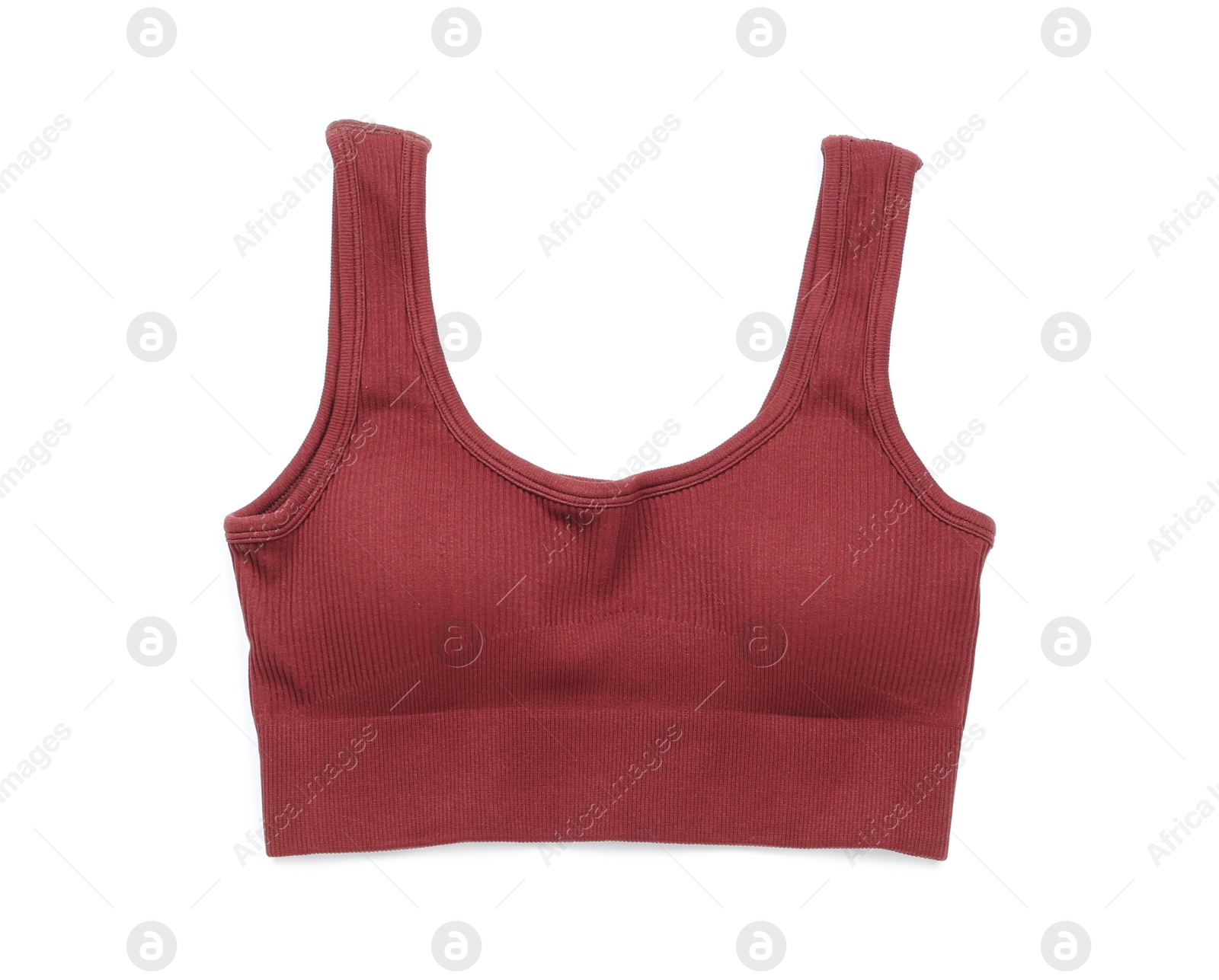 Photo of Brown women's sports bra isolated on white, top view