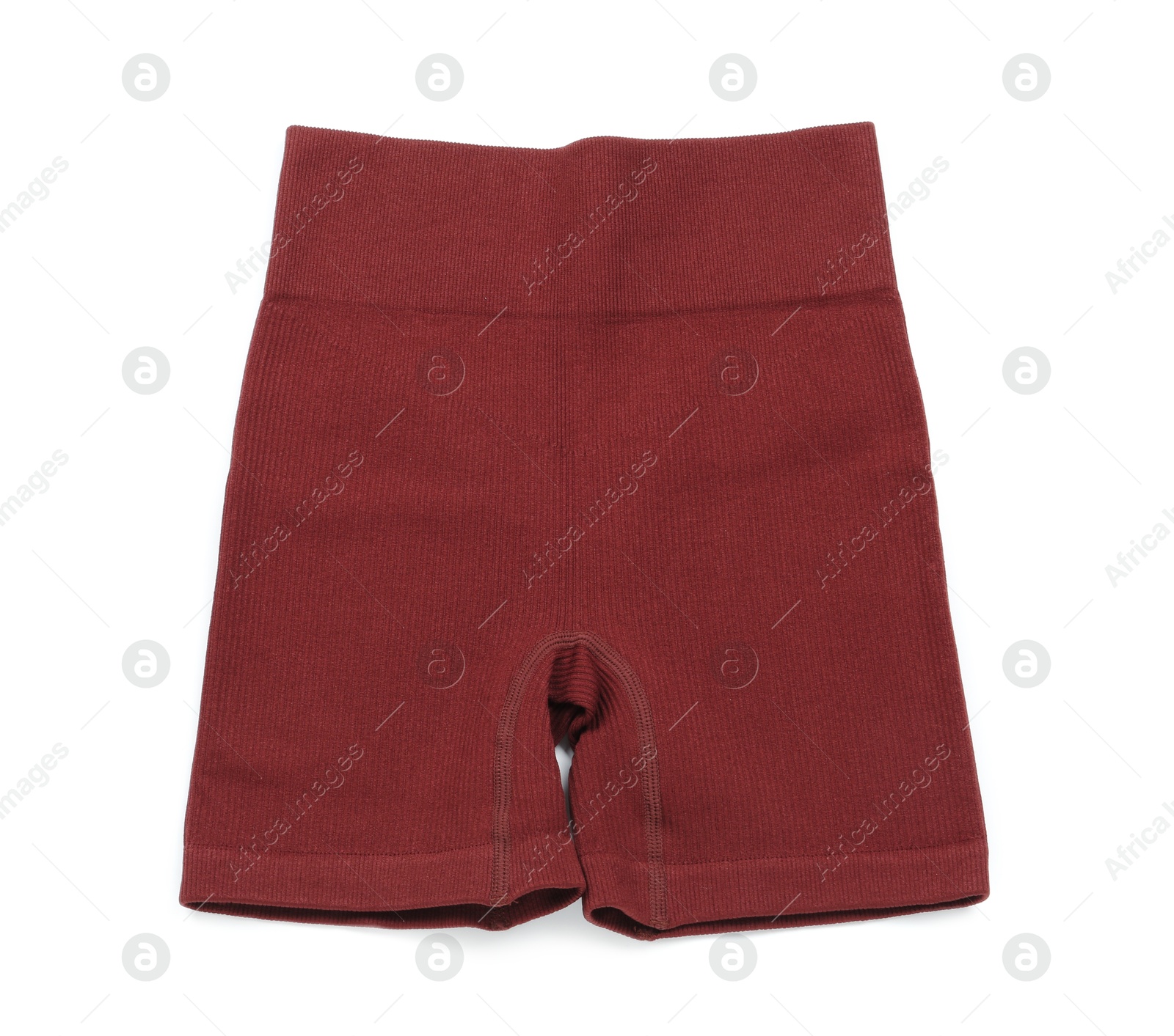 Photo of Brown women's cycling shorts isolated on white, top view