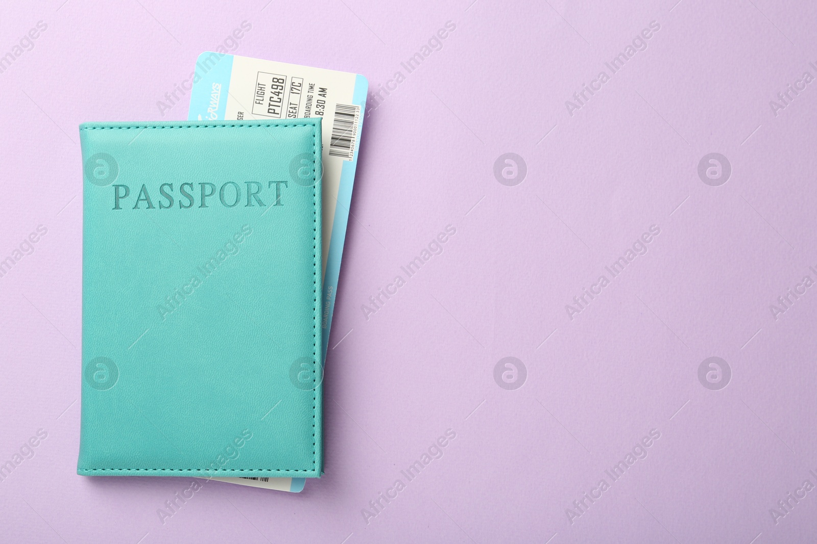 Photo of Passport with ticket on lilac background, top view. Space for text