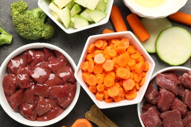 Photo of Pet food. Natural products on grey table, top view