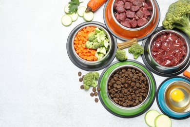 Photo of Dry pet food and natural products on light table, top view. Space for text