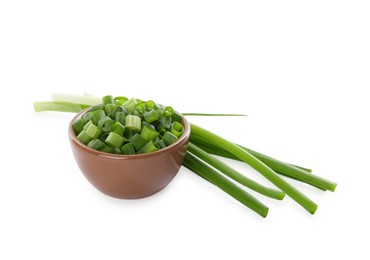 Photo of Cut fresh green onions isolated on white