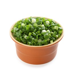 Photo of Chopped fresh green onion in bowl isolated on white