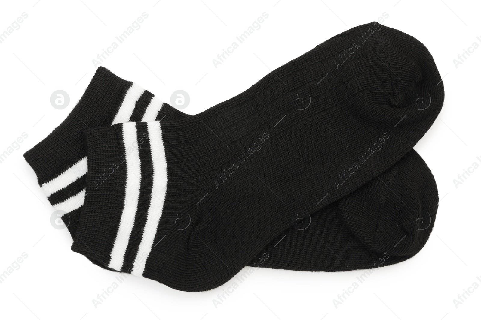 Photo of Pair of soft socks isolated on white, top view