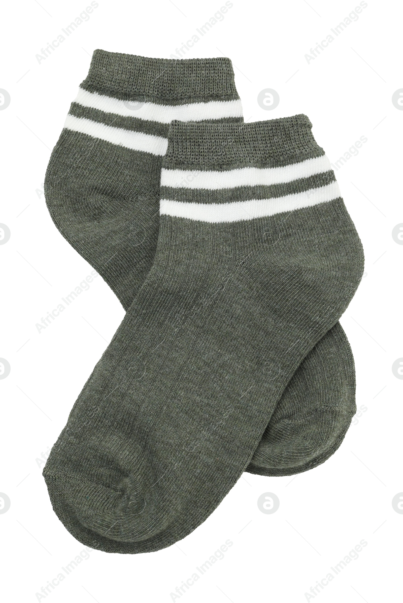 Photo of Pair of soft socks isolated on white, top view