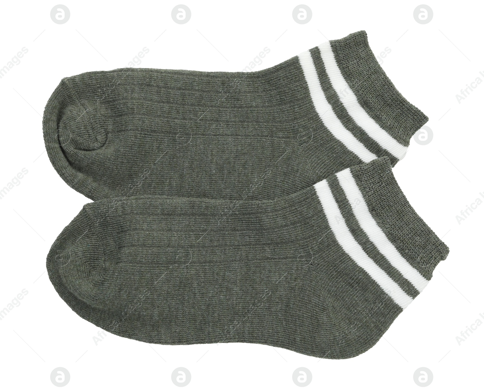 Photo of Pair of soft socks isolated on white, top view