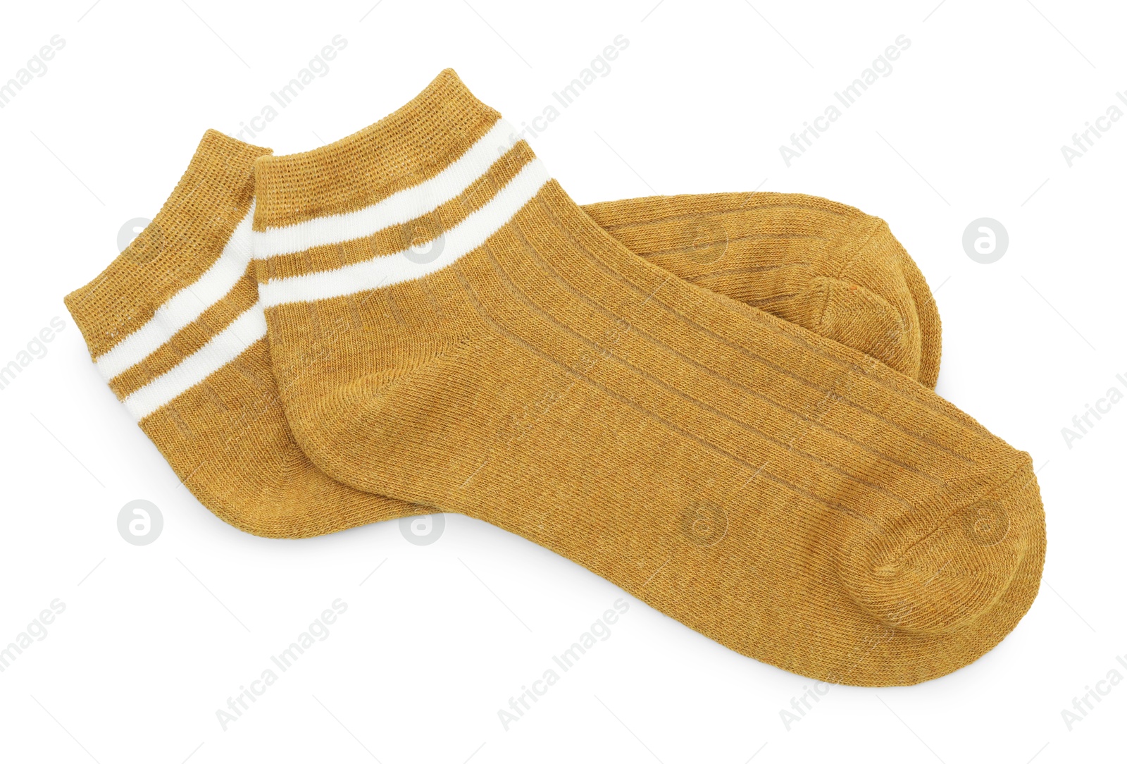 Photo of Pair of soft socks isolated on white, top view