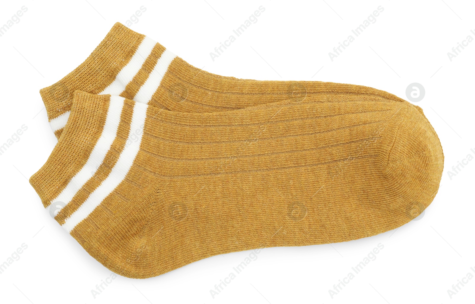 Photo of Pair of soft socks isolated on white, top view