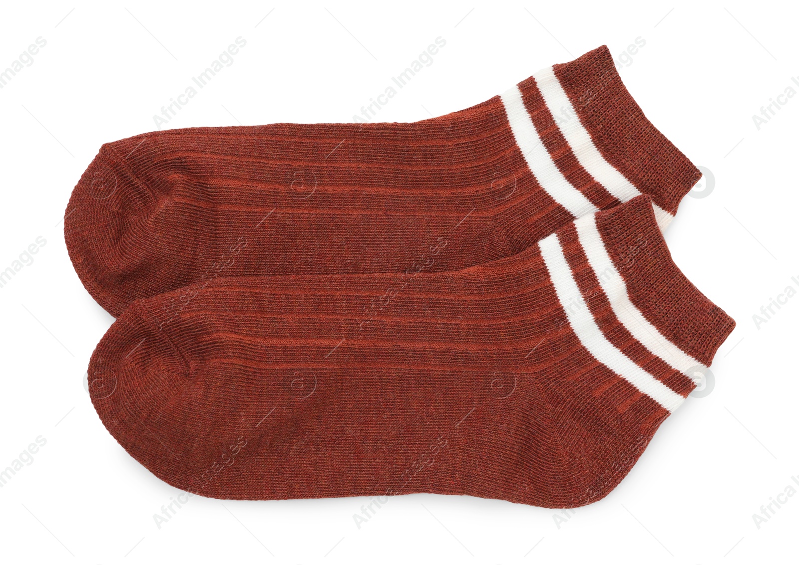 Photo of Pair of soft socks isolated on white, top view