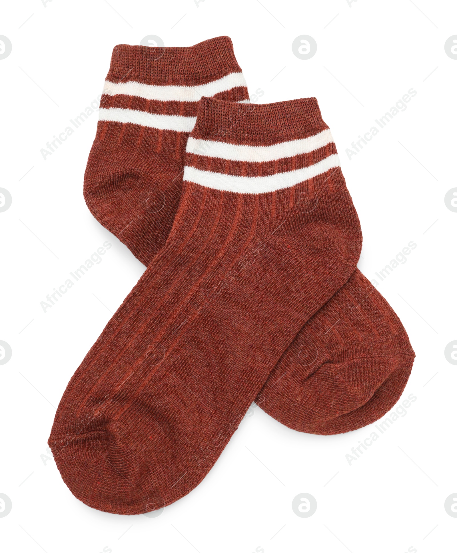 Photo of Pair of soft socks isolated on white, top view