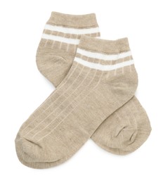 Photo of Pair of soft socks isolated on white, top view