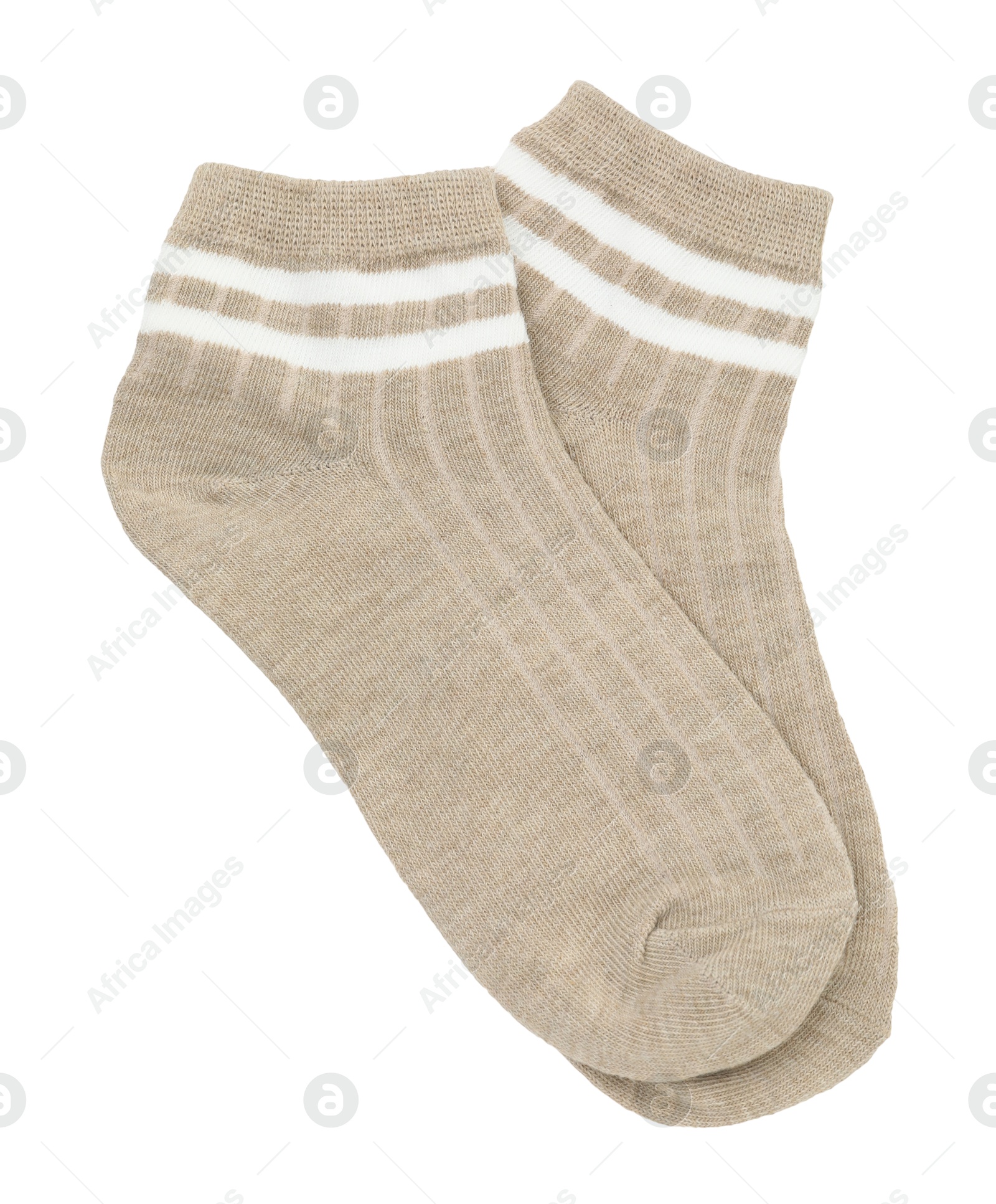 Photo of Pair of soft socks isolated on white, top view