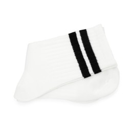 Photo of Pair of soft socks isolated on white, top view