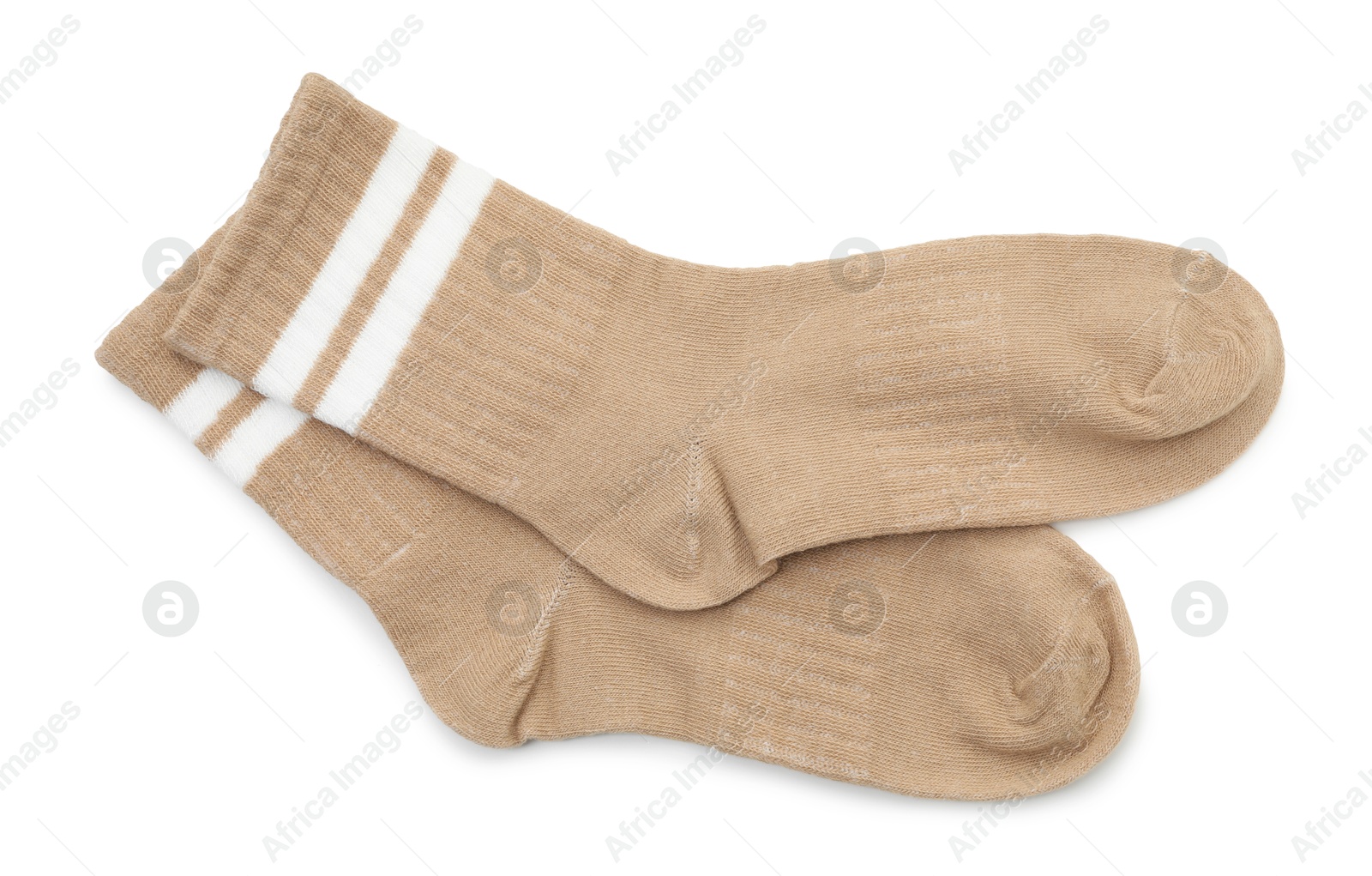 Photo of Pair of soft socks isolated on white, top view