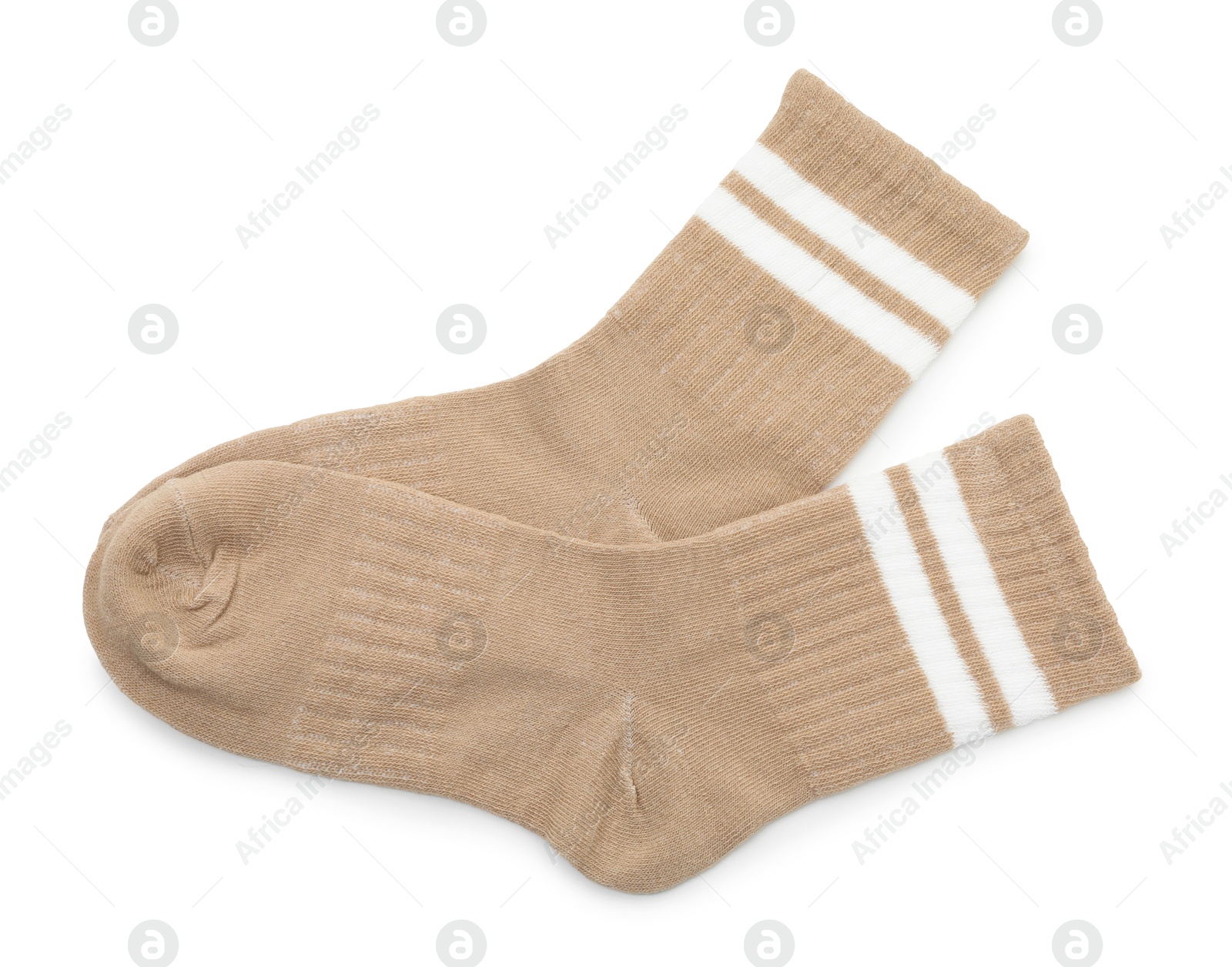 Photo of Pair of soft socks isolated on white, top view