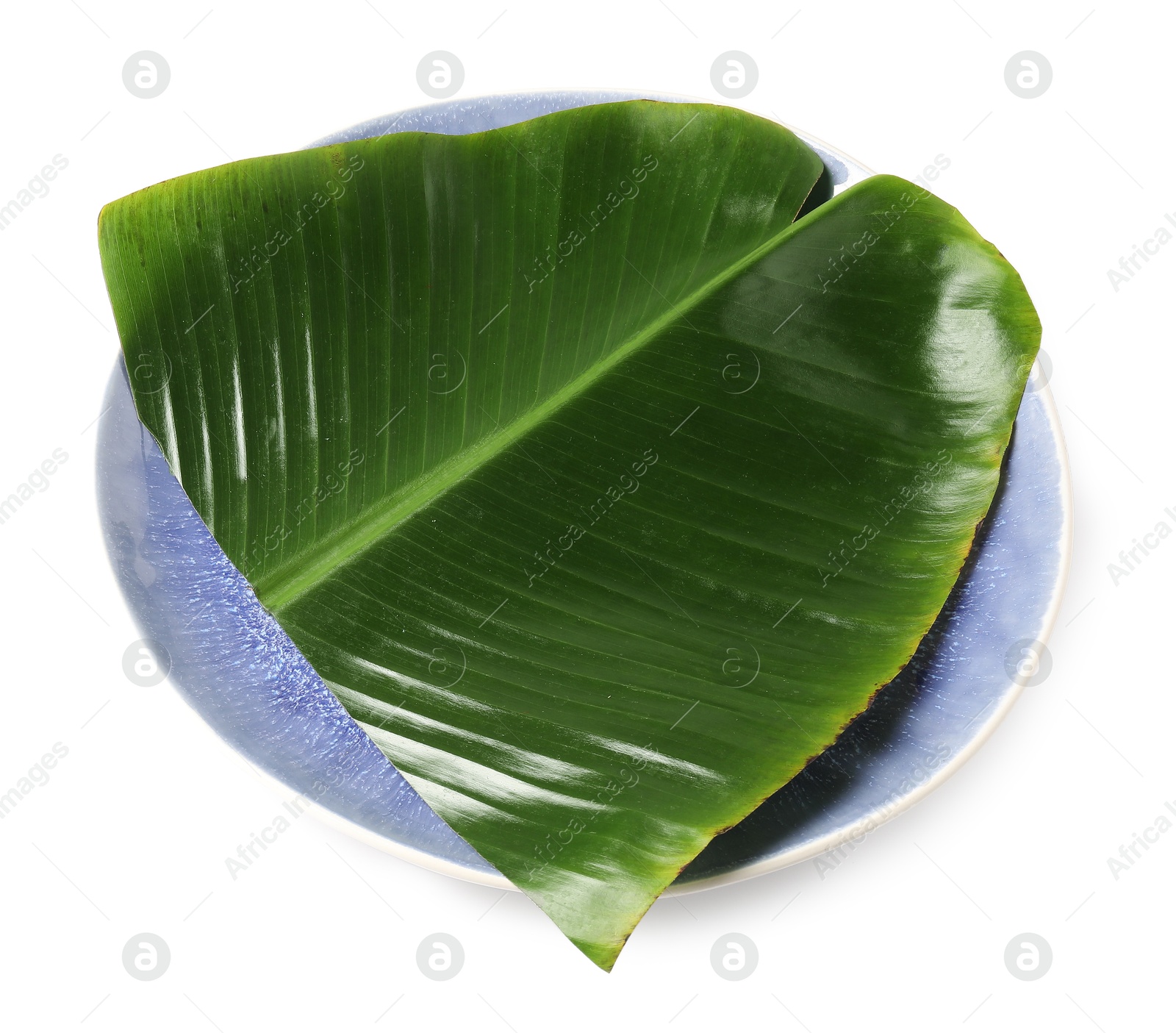 Photo of Plate with cut banana leaf isolated on white, above view. Healthy eco serving