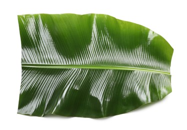 Photo of Piece of banana leaf isolated on white, top view. Traditional meal serving