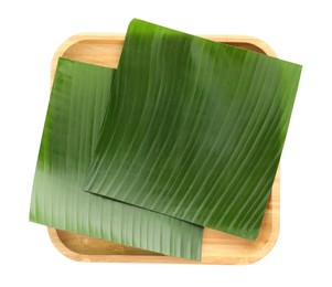 Photo of Pieces of banana leaves isolated on white, top view. Traditional meal serving