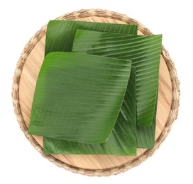 Photo of Pieces of banana leaves isolated on white, top view. Traditional meal serving