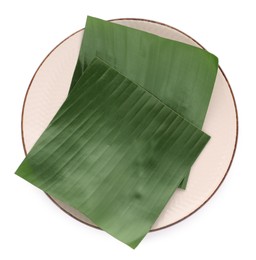 Photo of Pieces of banana leaves isolated on white, top view. Traditional meal serving