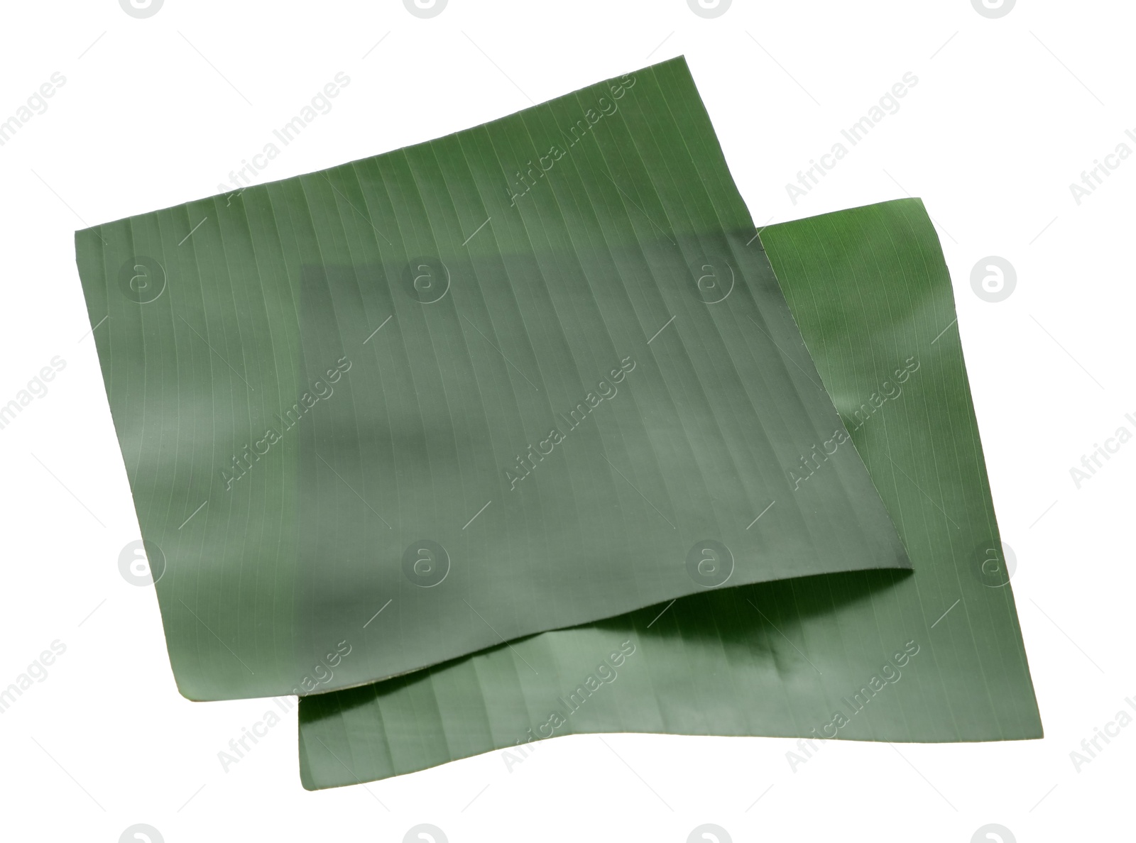 Photo of Pieces of banana leaves isolated on white. Traditional meal serving