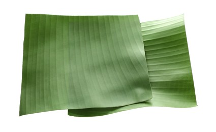 Pieces of banana leaves isolated on white. Traditional meal serving