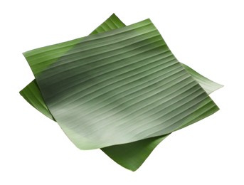 Photo of Pieces of banana leaves isolated on white. Traditional meal serving