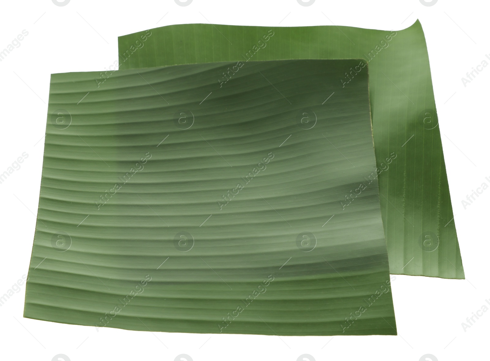 Photo of Pieces of banana leaves isolated on white. Traditional meal serving