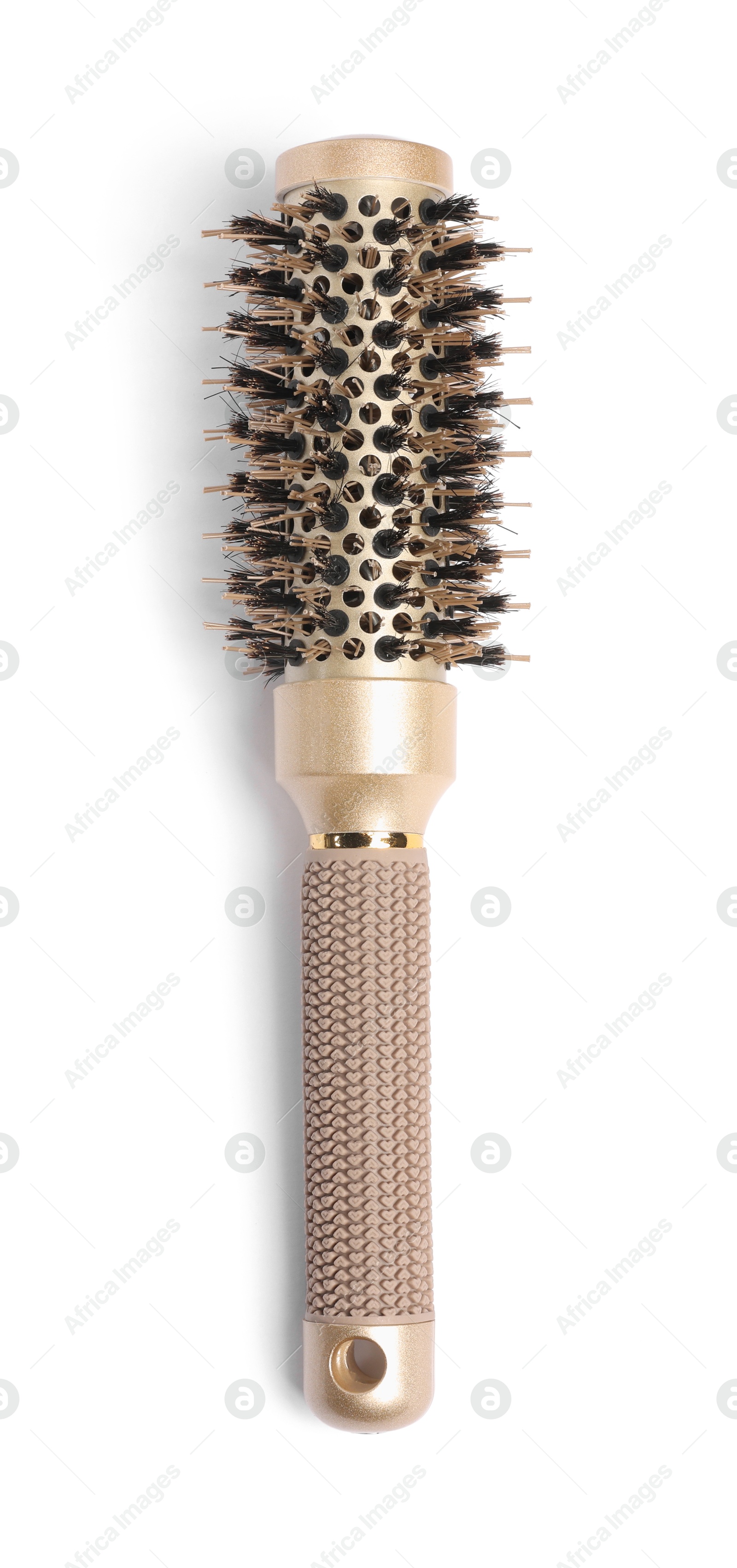 Photo of Hairdresser tool. Round brush isolated on white, top view