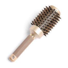 Photo of Hairdresser tool. Round brush isolated on white, top view