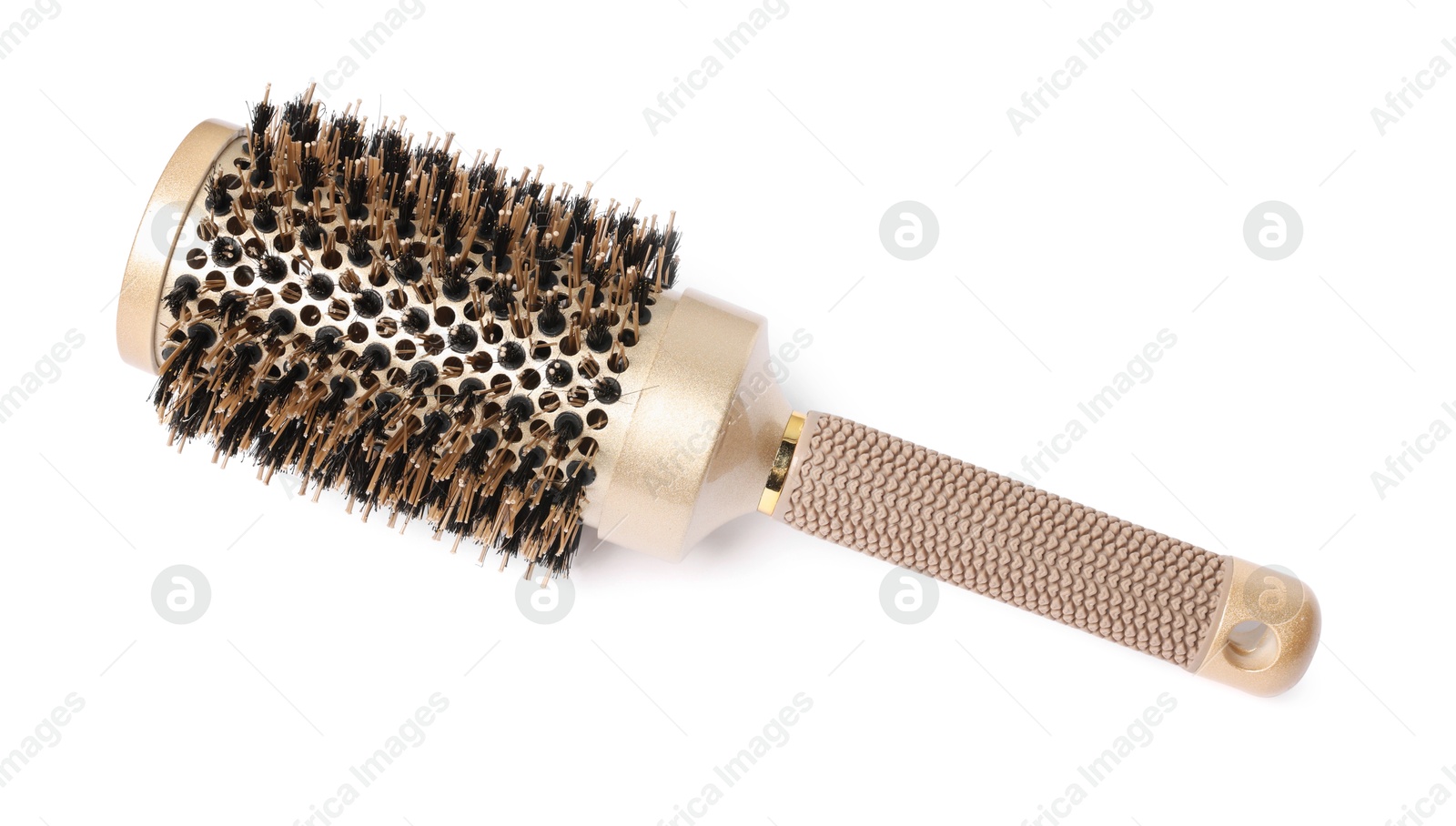 Photo of Hairdresser tool. Round brush isolated on white, top view