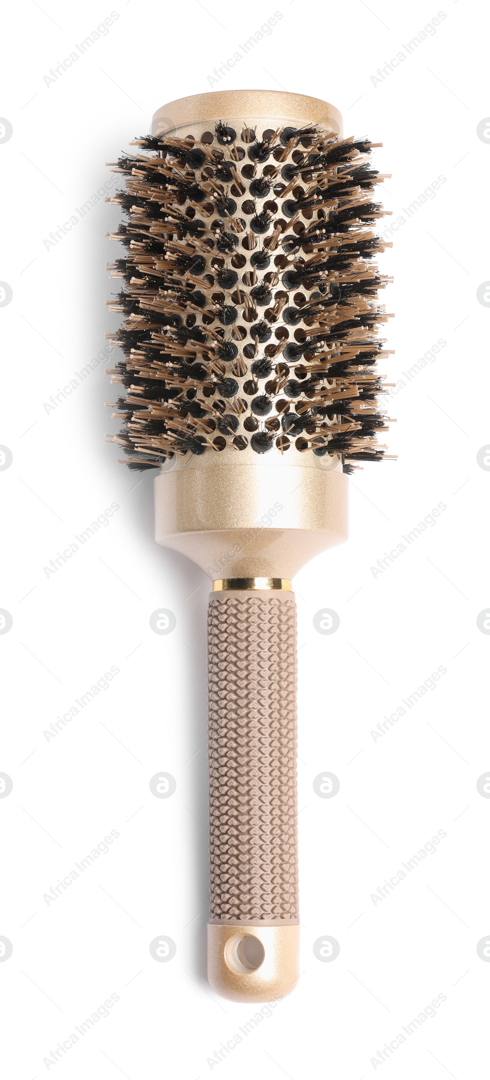 Photo of Hairdresser tool. Round brush isolated on white, top view