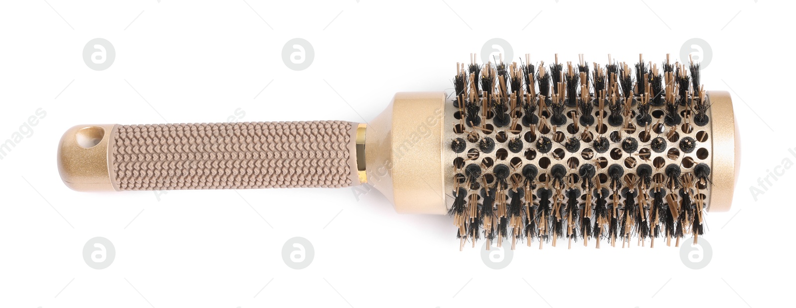 Photo of Hairdresser tool. Round brush isolated on white, top view