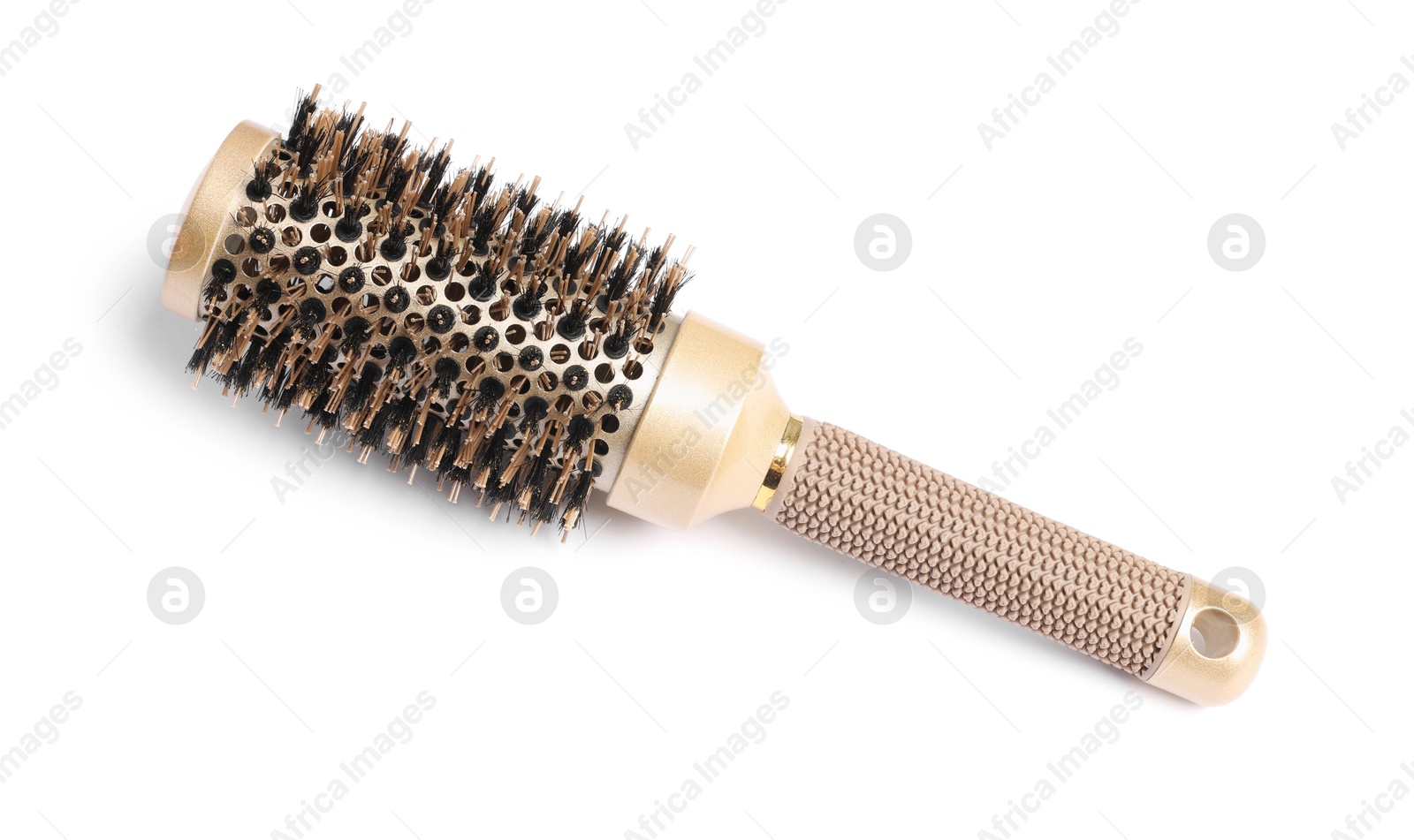 Photo of Hairdresser tool. Round brush isolated on white, top view