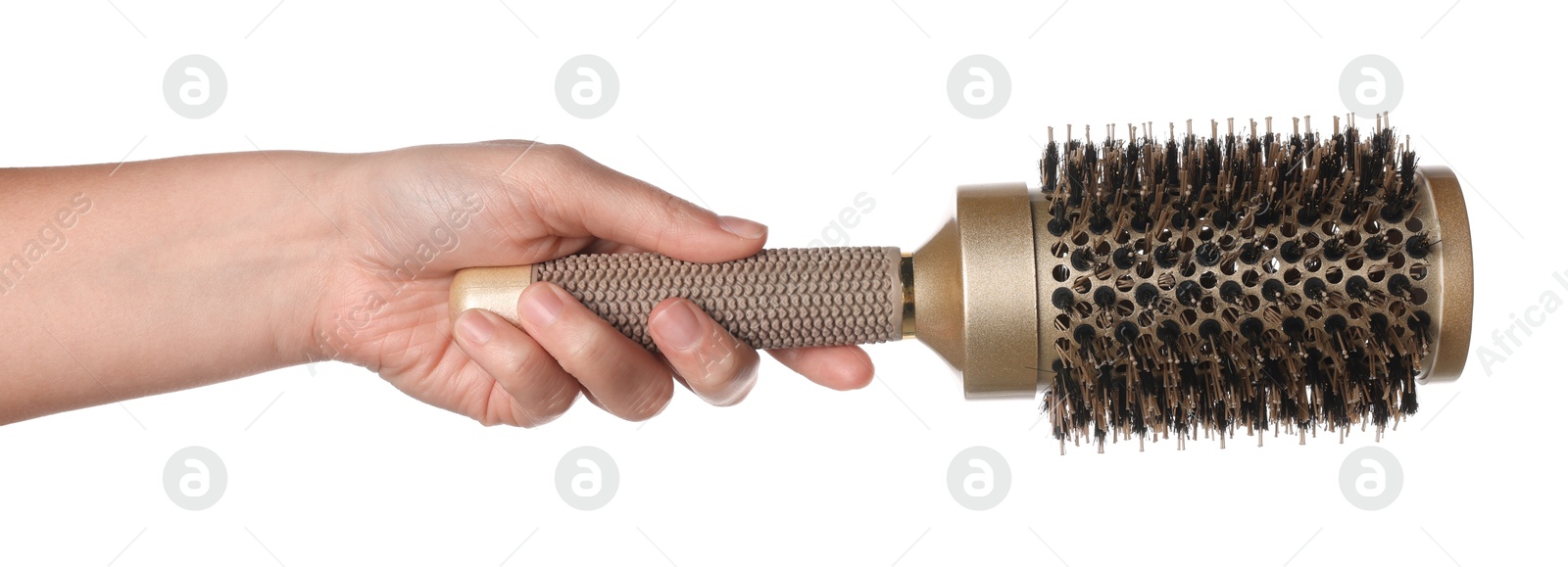 Photo of Woman with round brush on white background, closeup