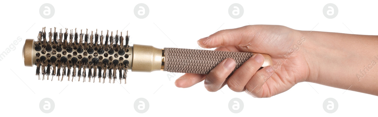 Photo of Woman with round brush on white background, closeup