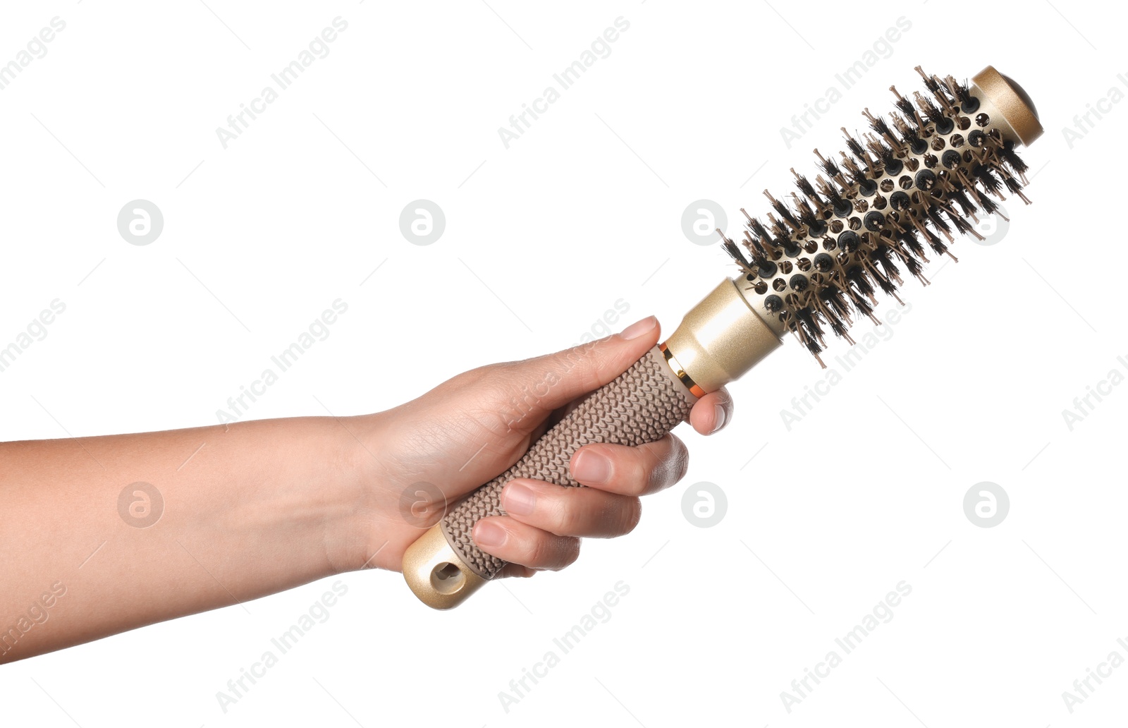 Photo of Woman with round brush on white background, closeup