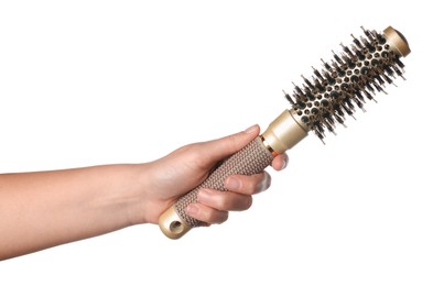 Photo of Woman with round brush on white background, closeup