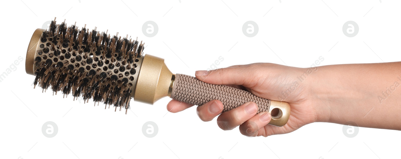 Photo of Woman with round brush on white background, closeup