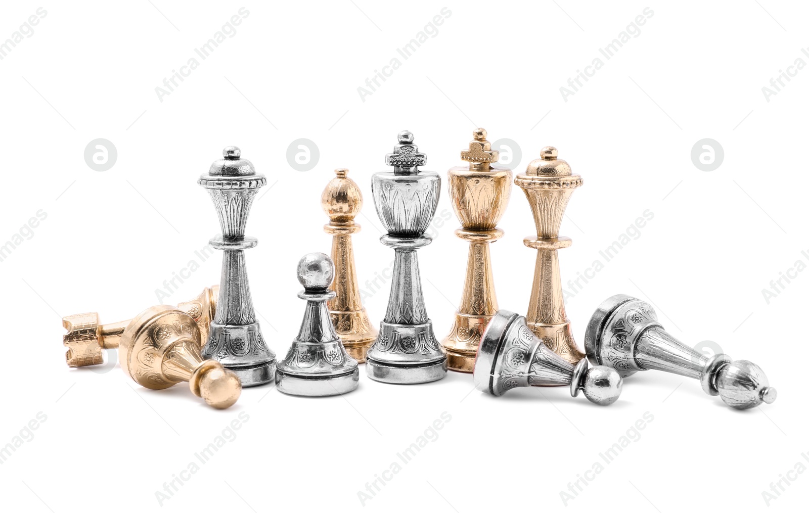 Photo of Golden and silver chess pieces on white background. Competition concept