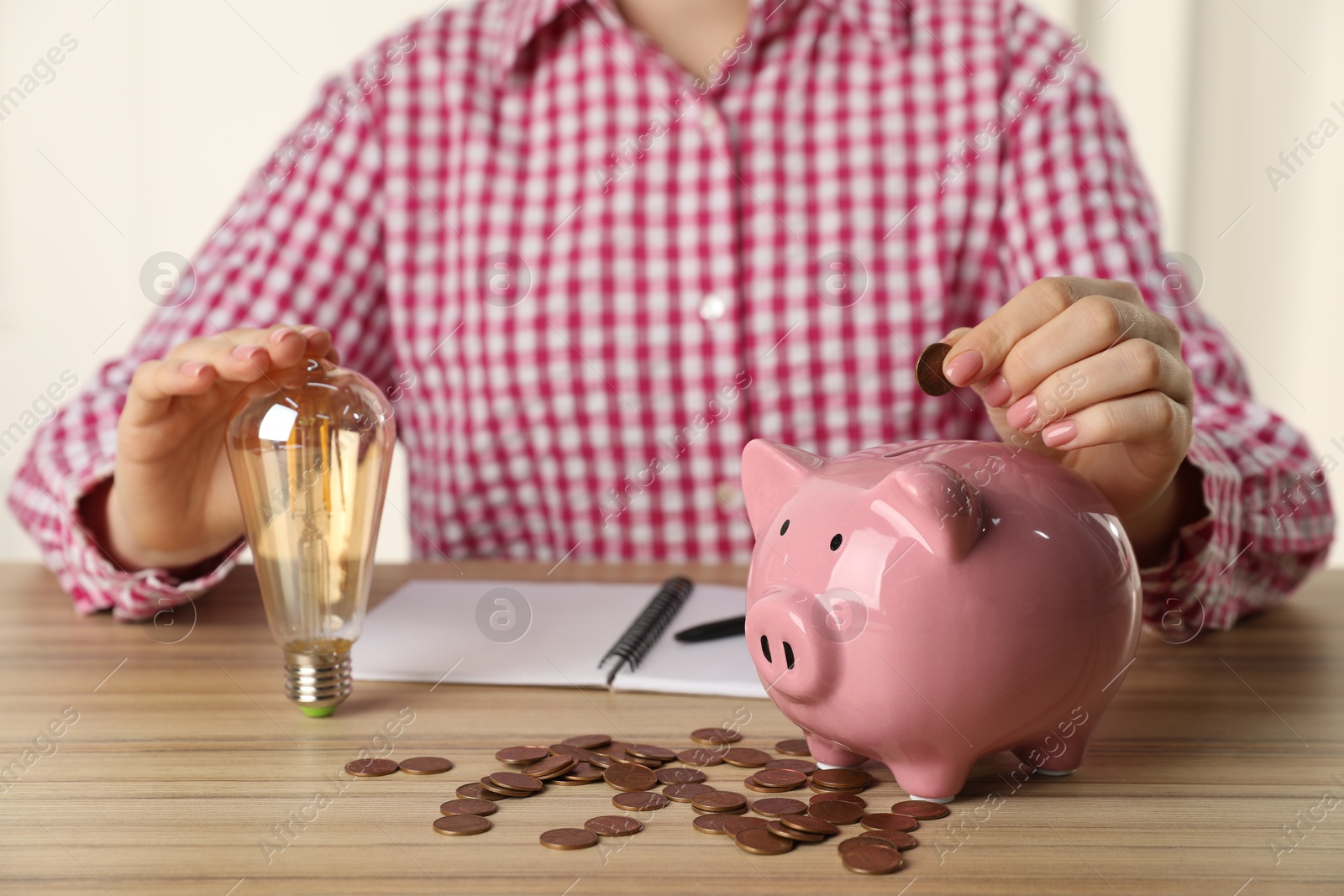 Photo of Woman with light bulb putting coin into piggy bank at wooden table, closeup. Energy saving concept