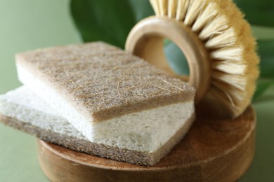 Photo of Sponges and brush on green background, closeup