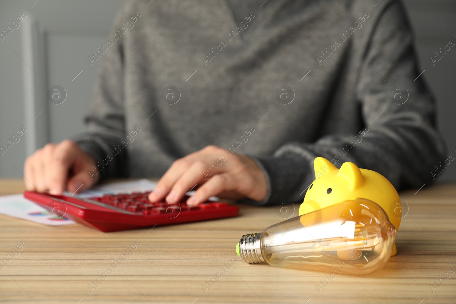 Photo of Man using calculator at wooden table, focus on piggy bank and light bulb. Energy saving concept