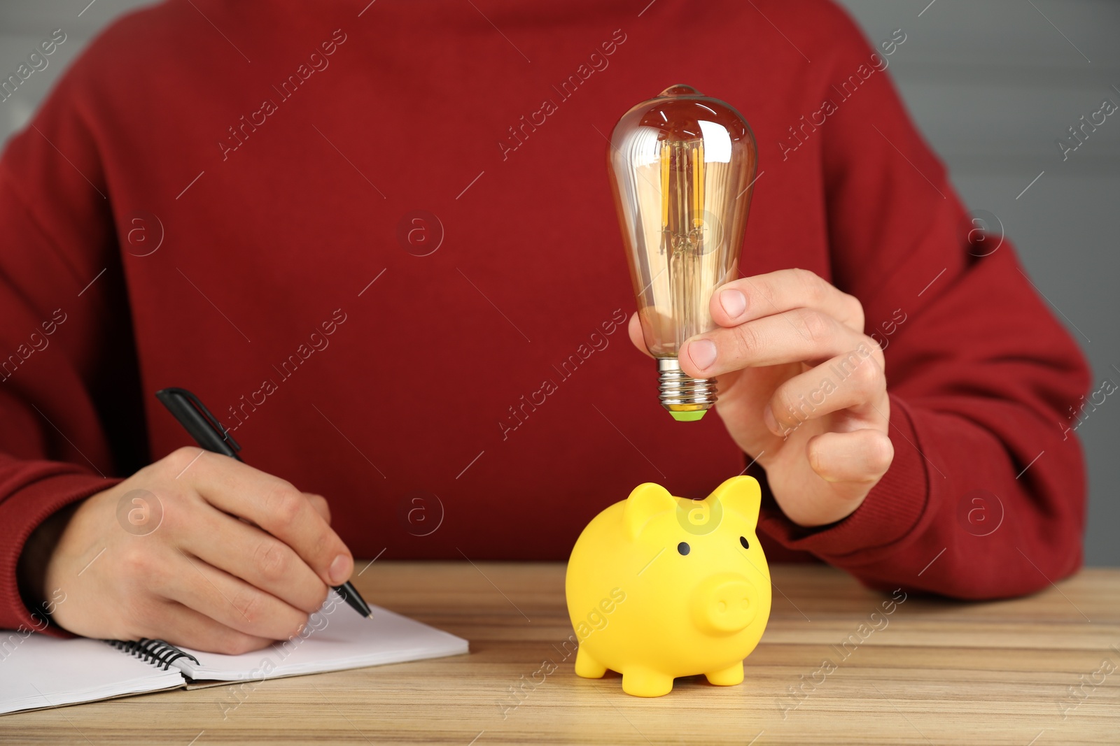 Photo of Man holding light bulb above piggy bank while taking notes at wooden table, closeup. Energy saving concept