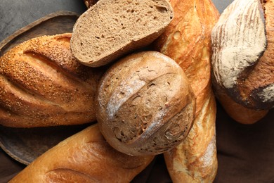 Photo of Different freshly baked bread loafs on grey table, flat lay