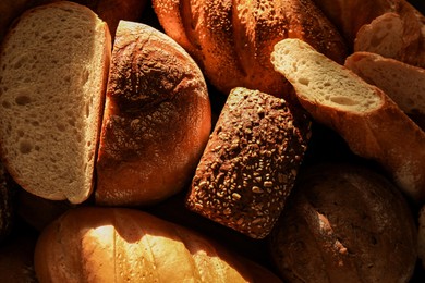 Photo of Whole and cut loafs of bread on table, closeup