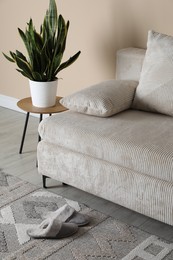 Photo of Comfortable sofa and end table with houseplant near beige wall