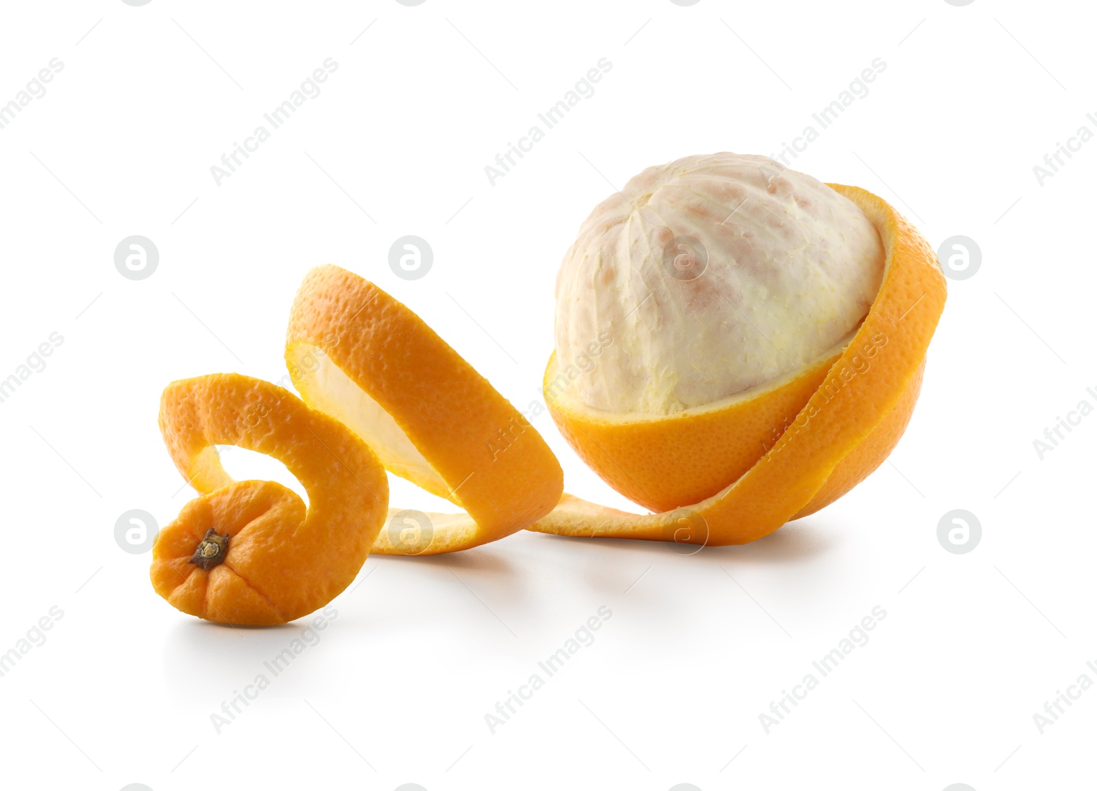 Photo of Fresh orange peel and fruit isolated on white